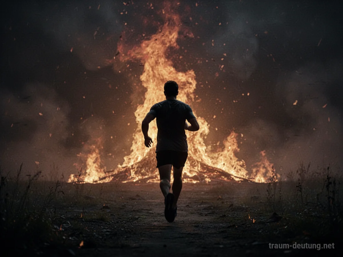 Silhouette einer Person, die vor einem großen Feuer flieht