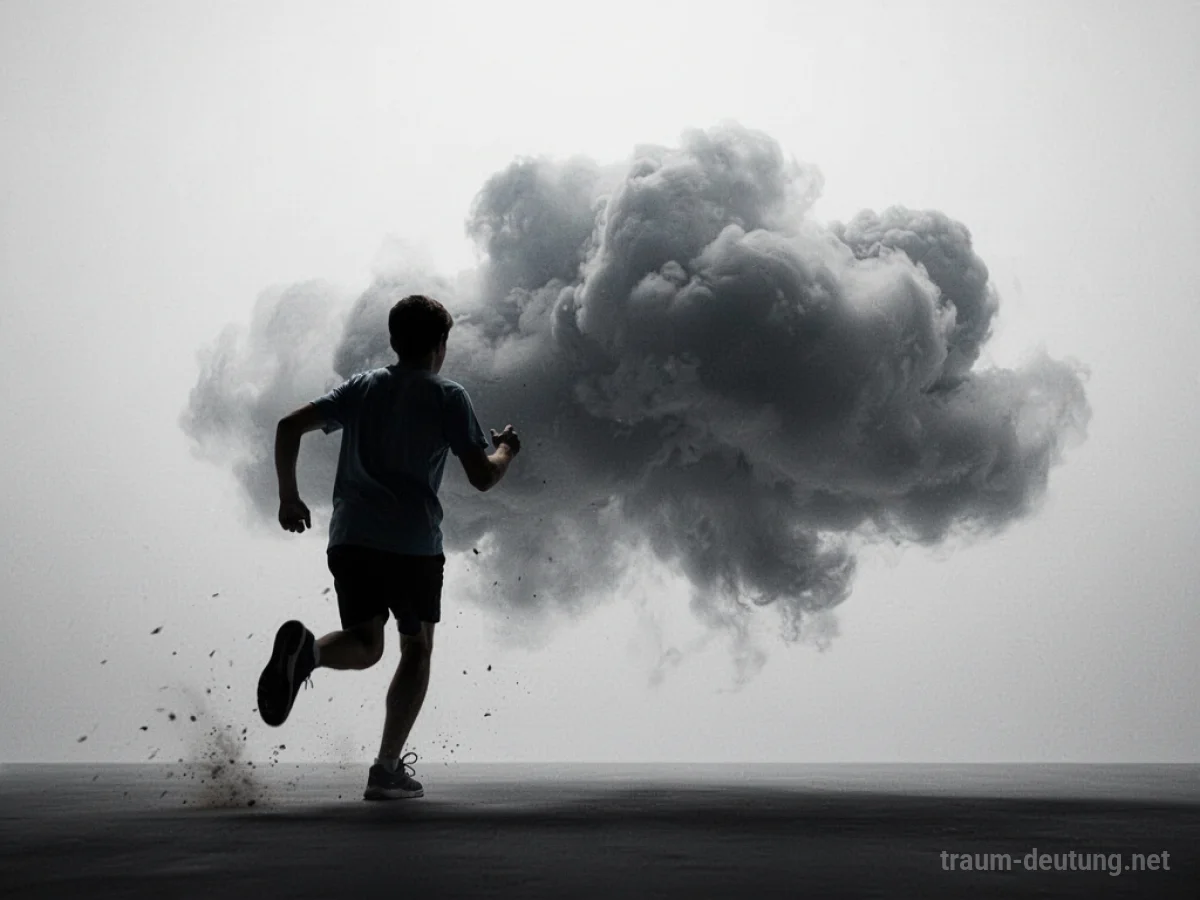 Silhouette einer Person flieht vor einer dunklen Wolke, die Krankheit symbolisiert.
