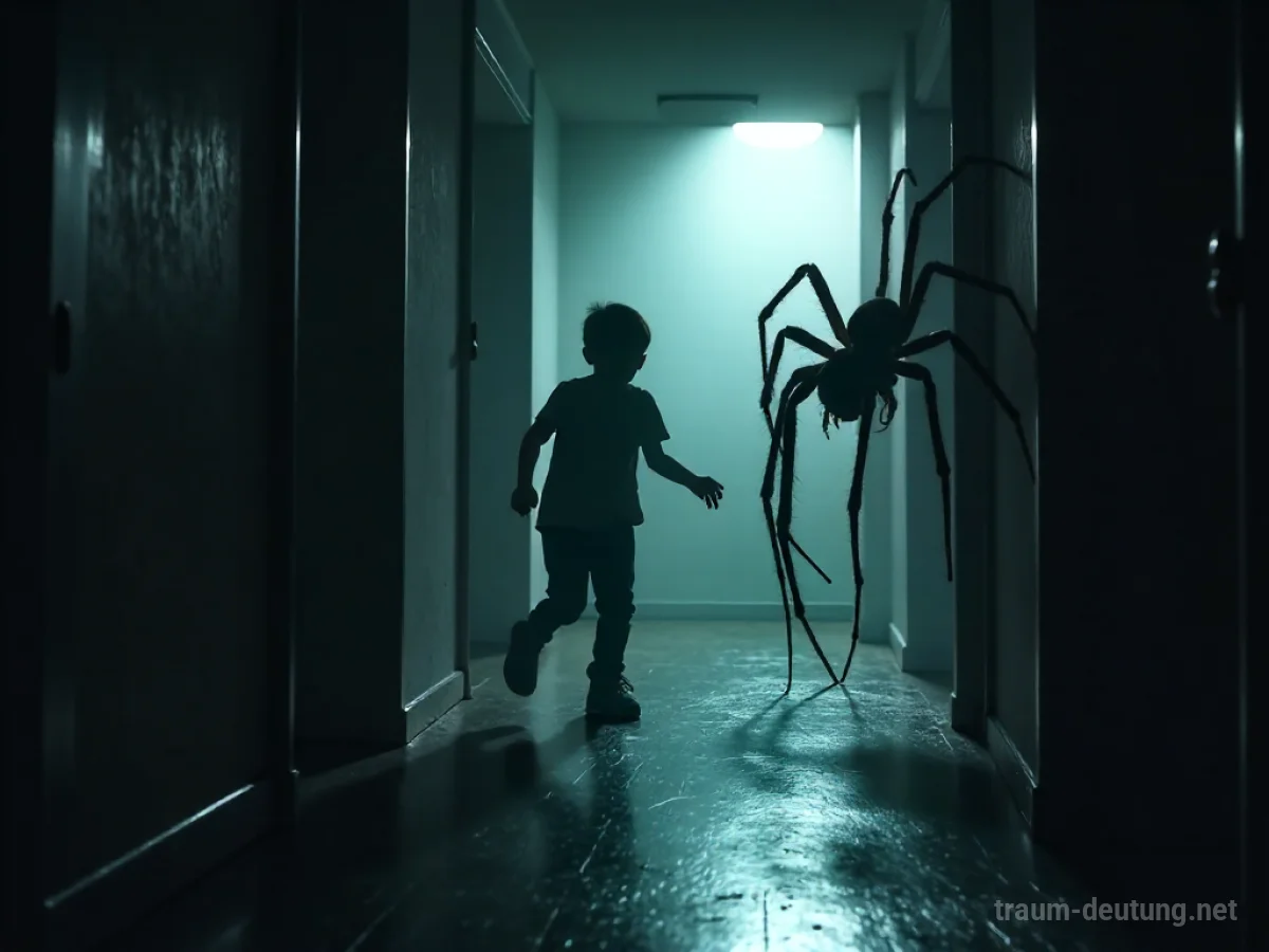 Silhouetten einer Person, die vor einer großen Spinne in einem dunklen Raum flieht.