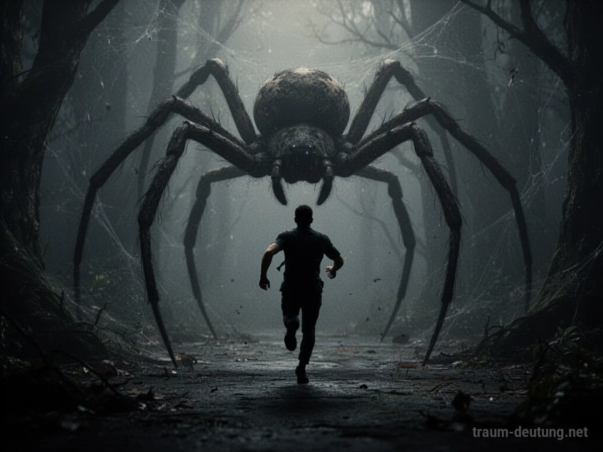 Silhouettenfigur flieht vor einer großen Spinne in dunkler Umgebung