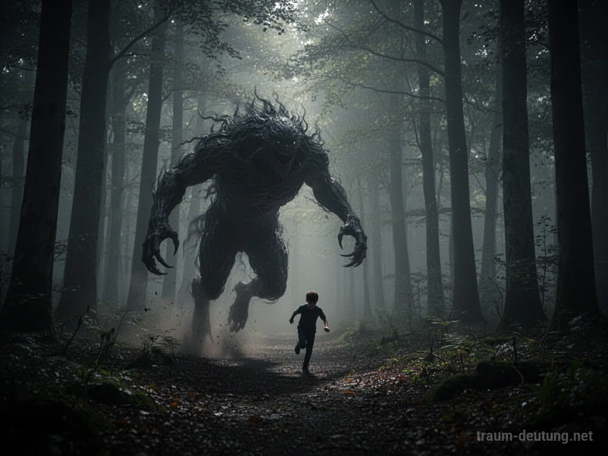 Silhouetten einer Person fliehen vor einem unklaren, monströsen Schatten durch einen nebligen Wald.