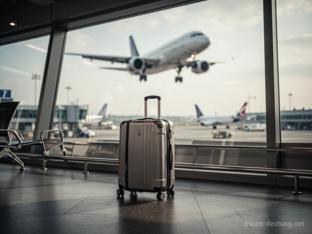 Koffer am Flughafentor, während ein Flugzeug abhebt.