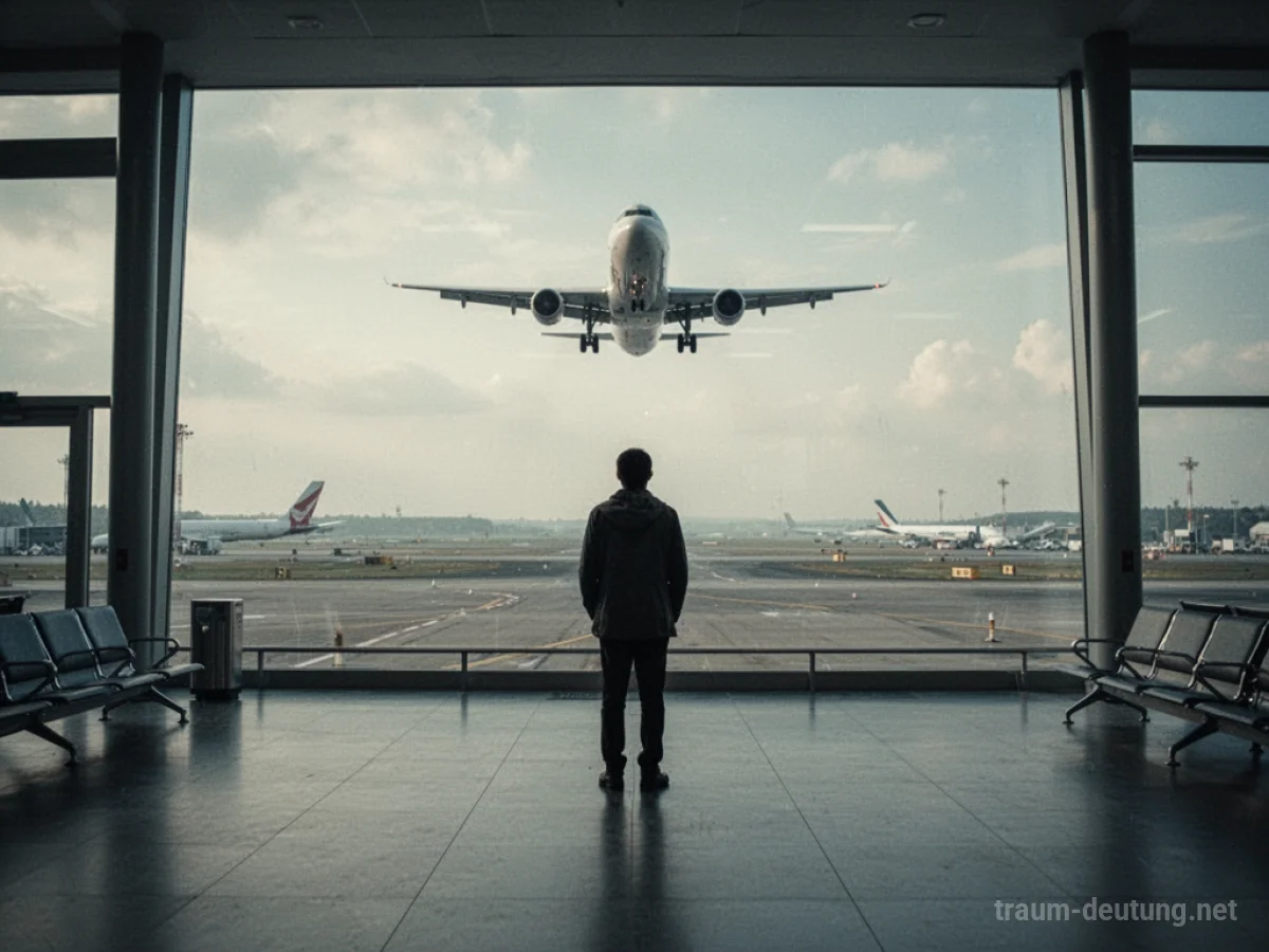 Eine Person steht allein auf einem leeren Flughafen und blickt einem startenden Flugzeug nach.