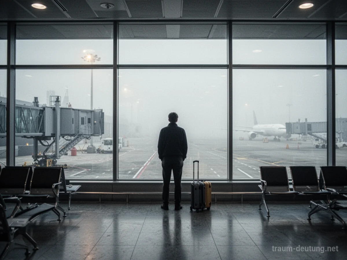 Person wartet am Flughafen auf verspäteten Flug vor einem Fenster mit Nebel draußen.