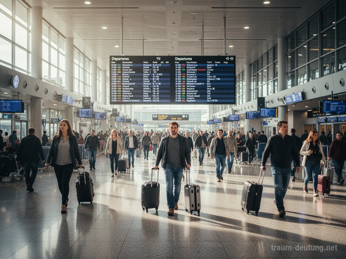Menschen mit Gepäck auf einem belebten Flughafen im Inneren, Anzeigetafeln im Hintergrund.
