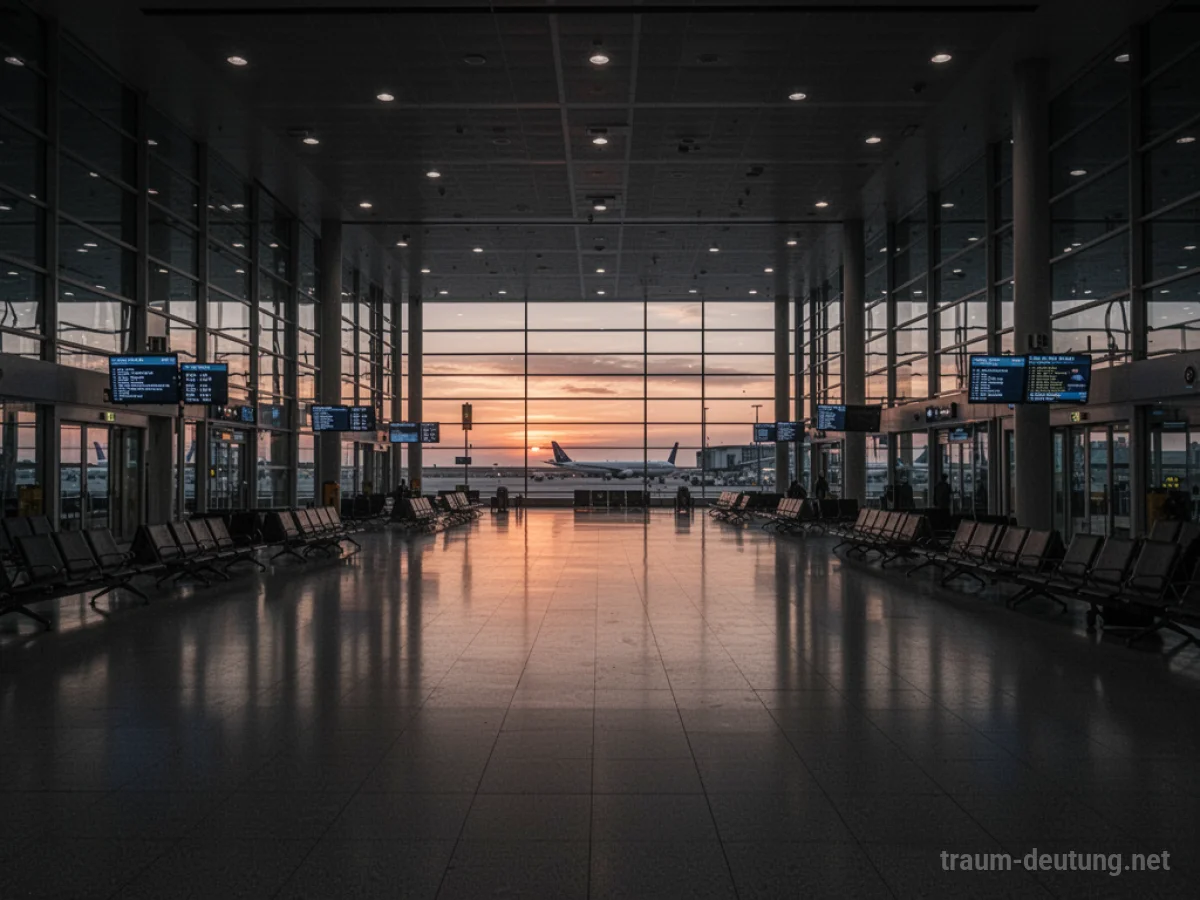 Ein leerer, weitläufiger Flughafenterminal im Zwielicht ohne Menschen oder Flugzeuge.