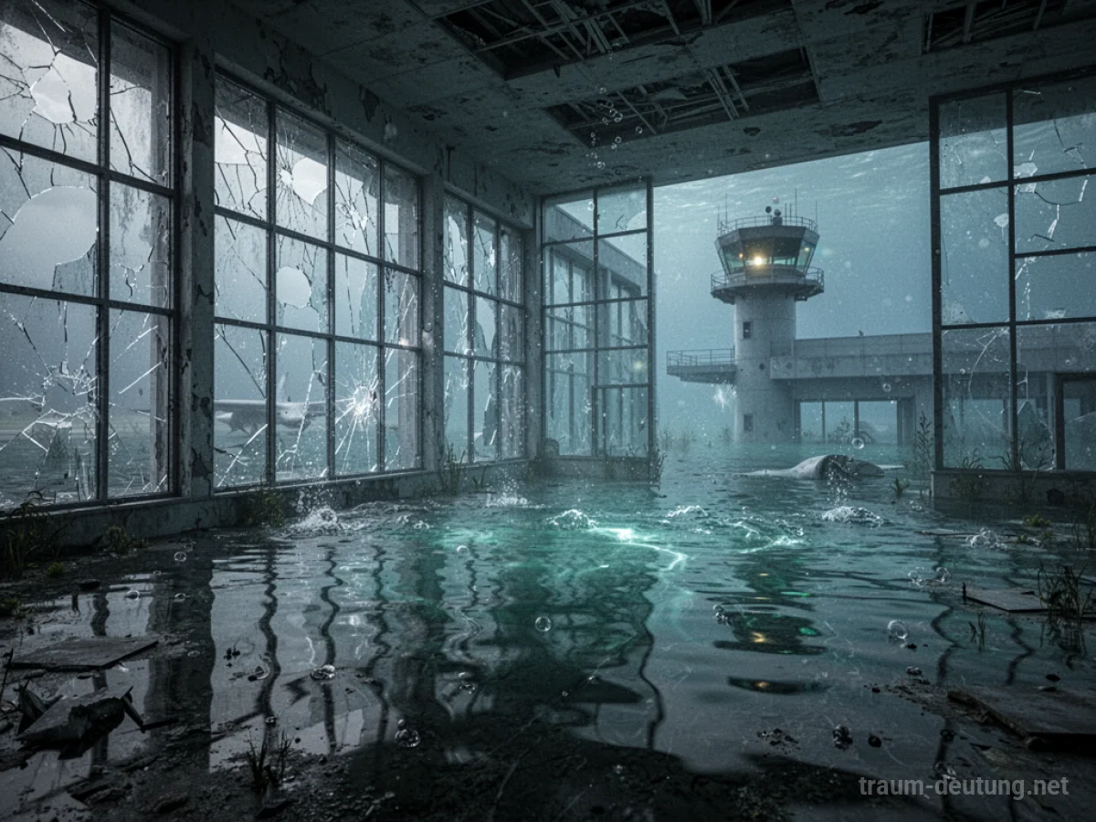 Überfluteter Flughafen im Traum mit Wasser im Terminal und untergetürmter Kontrollturm.