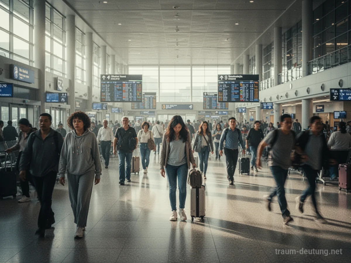 Flughafen mit vielen Menschen, einige wirken verloren, andere eilig.