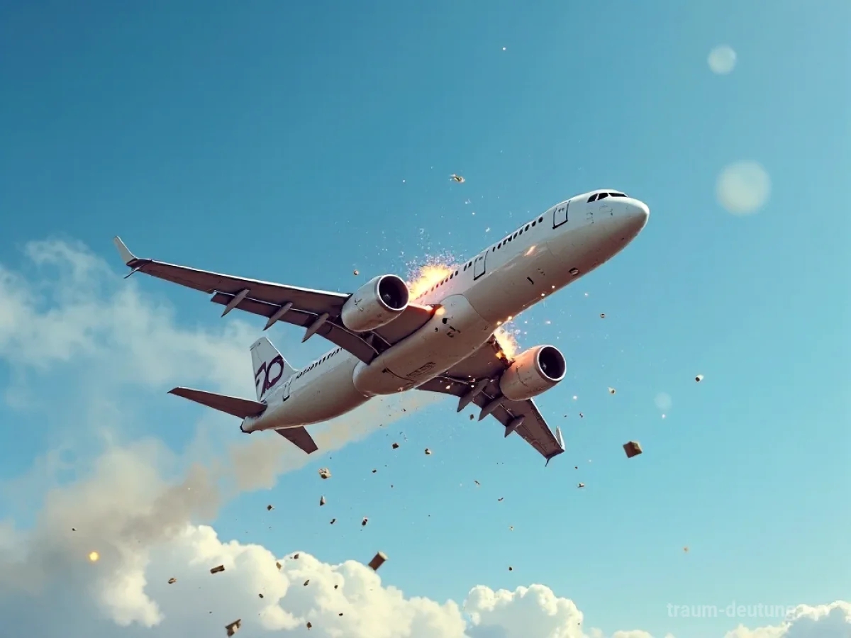 Ein Flugzeug explodiert hoch am Himmel, Rauch und Trümmer steigen auf.