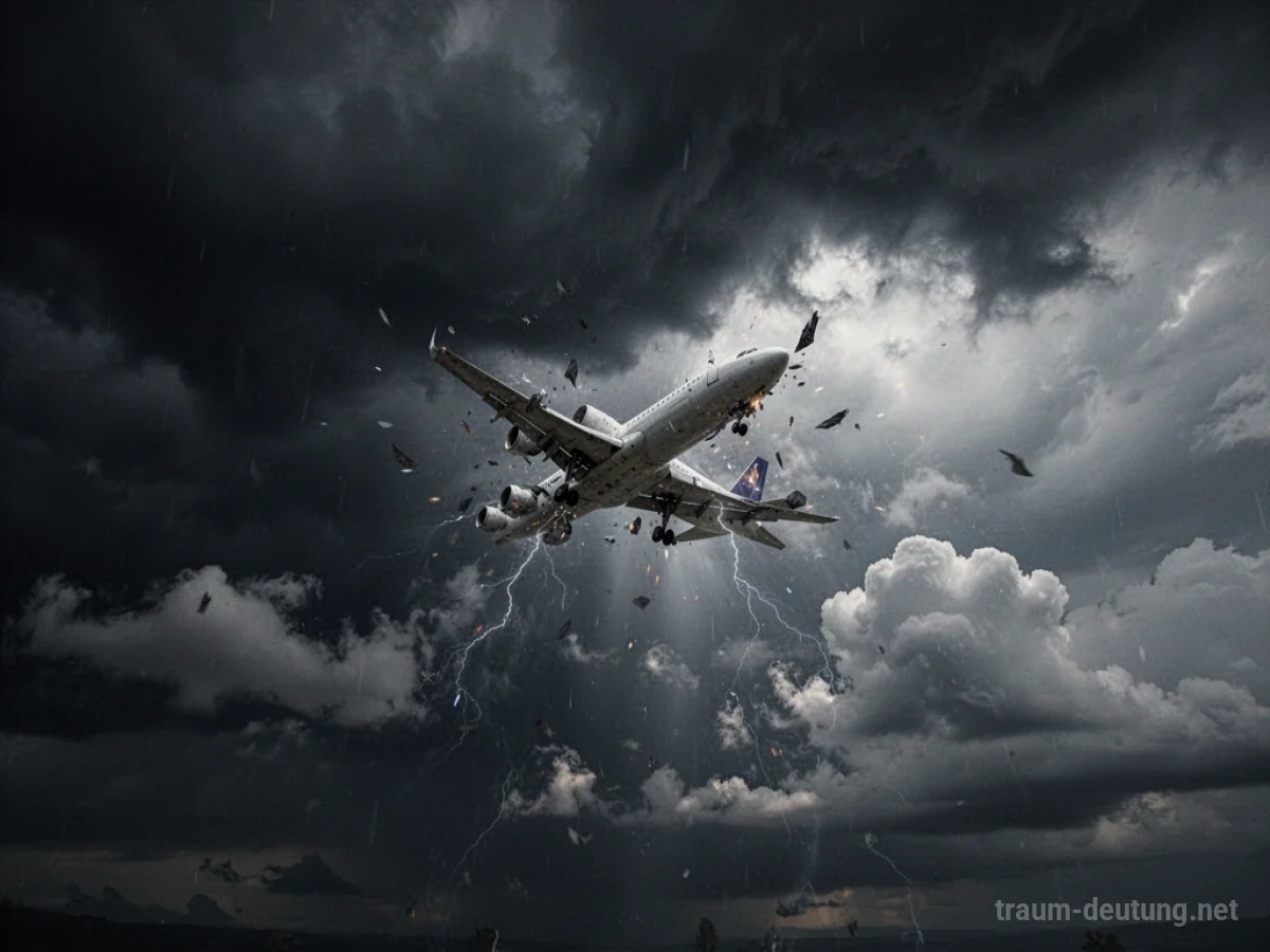 Ein Flugzeug stürzt vom Himmel in einer stürmischen Wolkenlandschaft.
