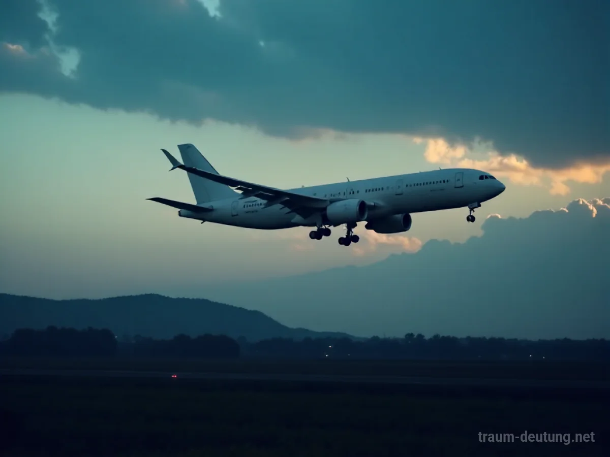 Flugzeug fliegt tief über dunkler Landschaft
