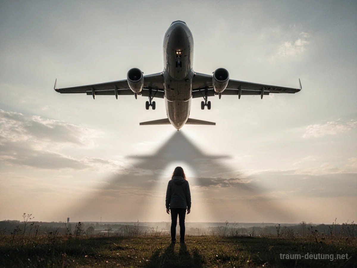 Ein Flugzeug fliegt direkt über einer Person am Boden.