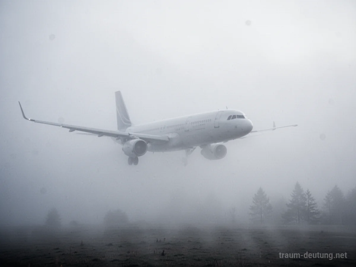 Flugzeug fliegt durch dichten Nebel, nur schemenhaft erkennbar.