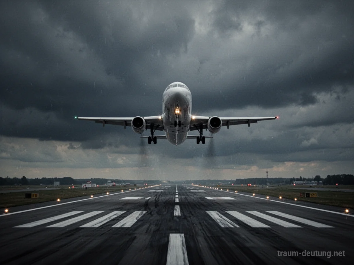 Flugzeug schwebt unsicher über einer Landebahn, ohne zu landen.