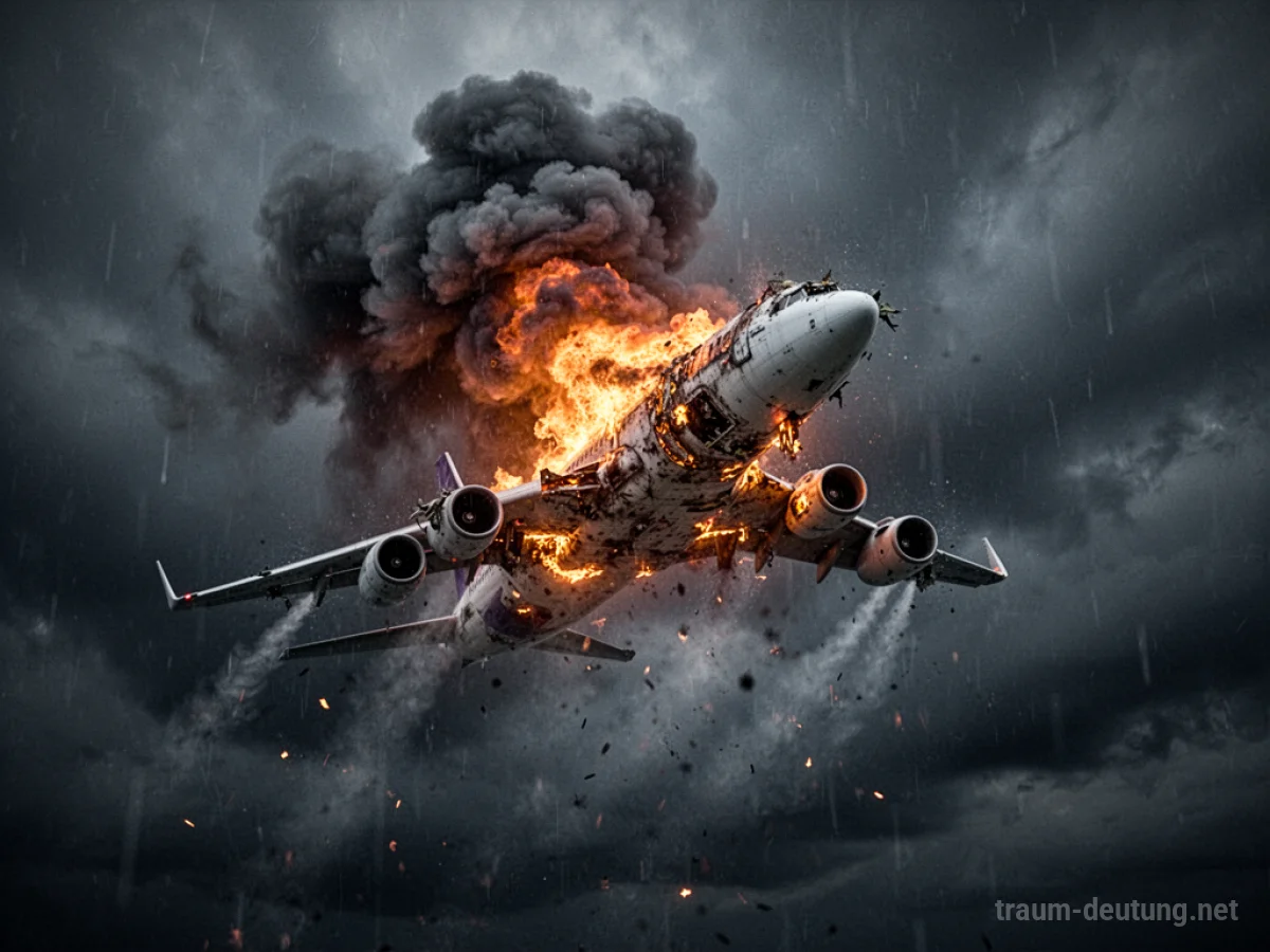 Flugzeug mit Flammen im dunklen Himmel