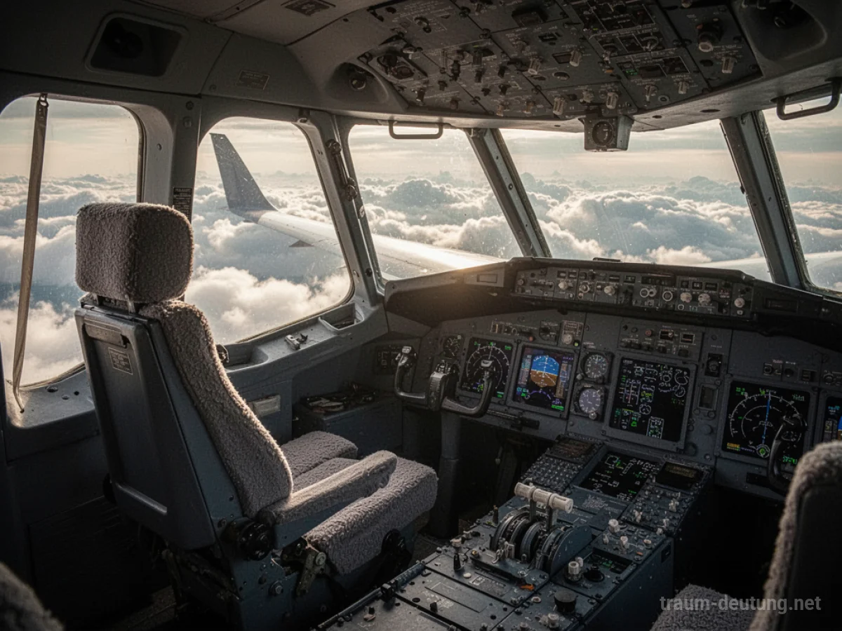 Leeres Cockpit eines Flugzeugs, das durch den Himmel fliegt