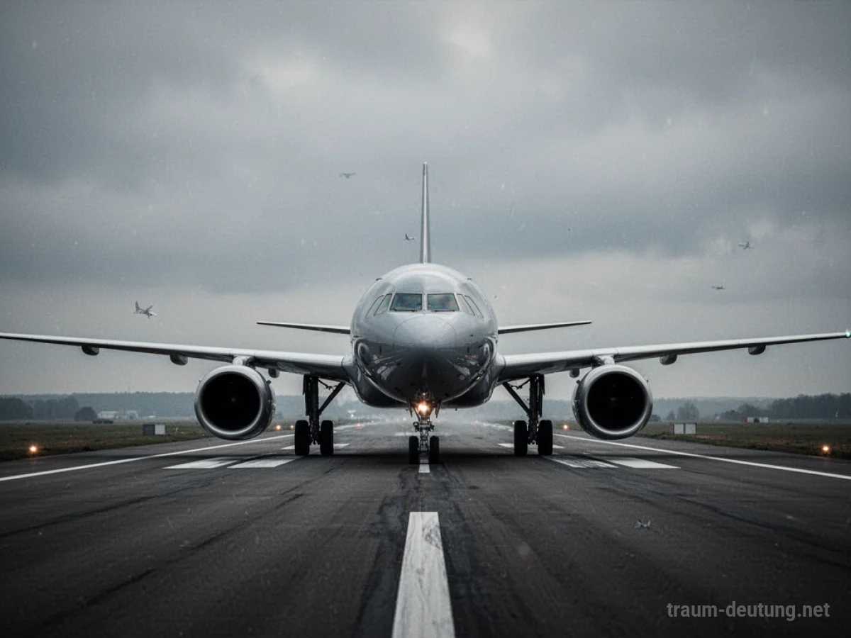 Flugzeug steht auf Startbahn, Triebwerke sind aus, Himmel ist grau