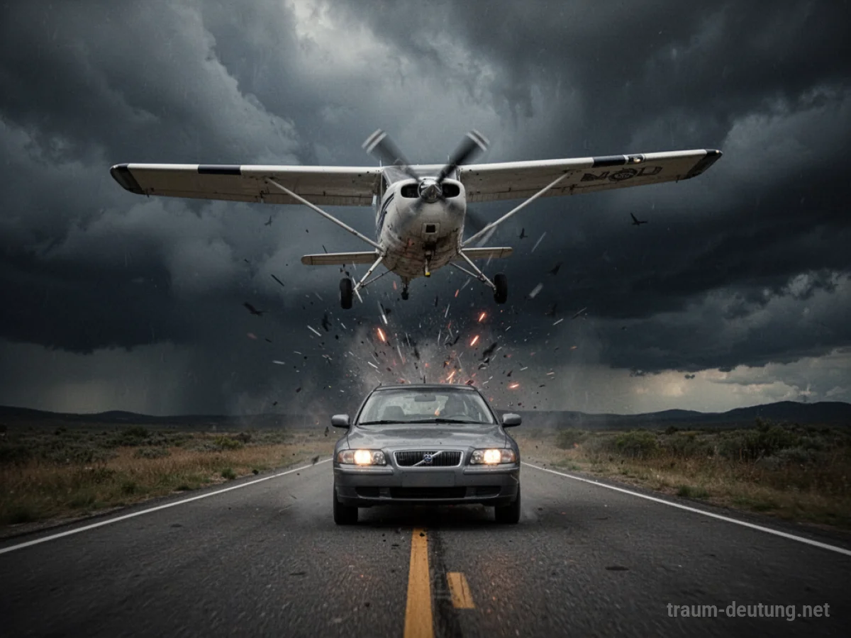Flugzeug stürzt auf ein Auto auf einer Straße unter dramatischem Himmel.