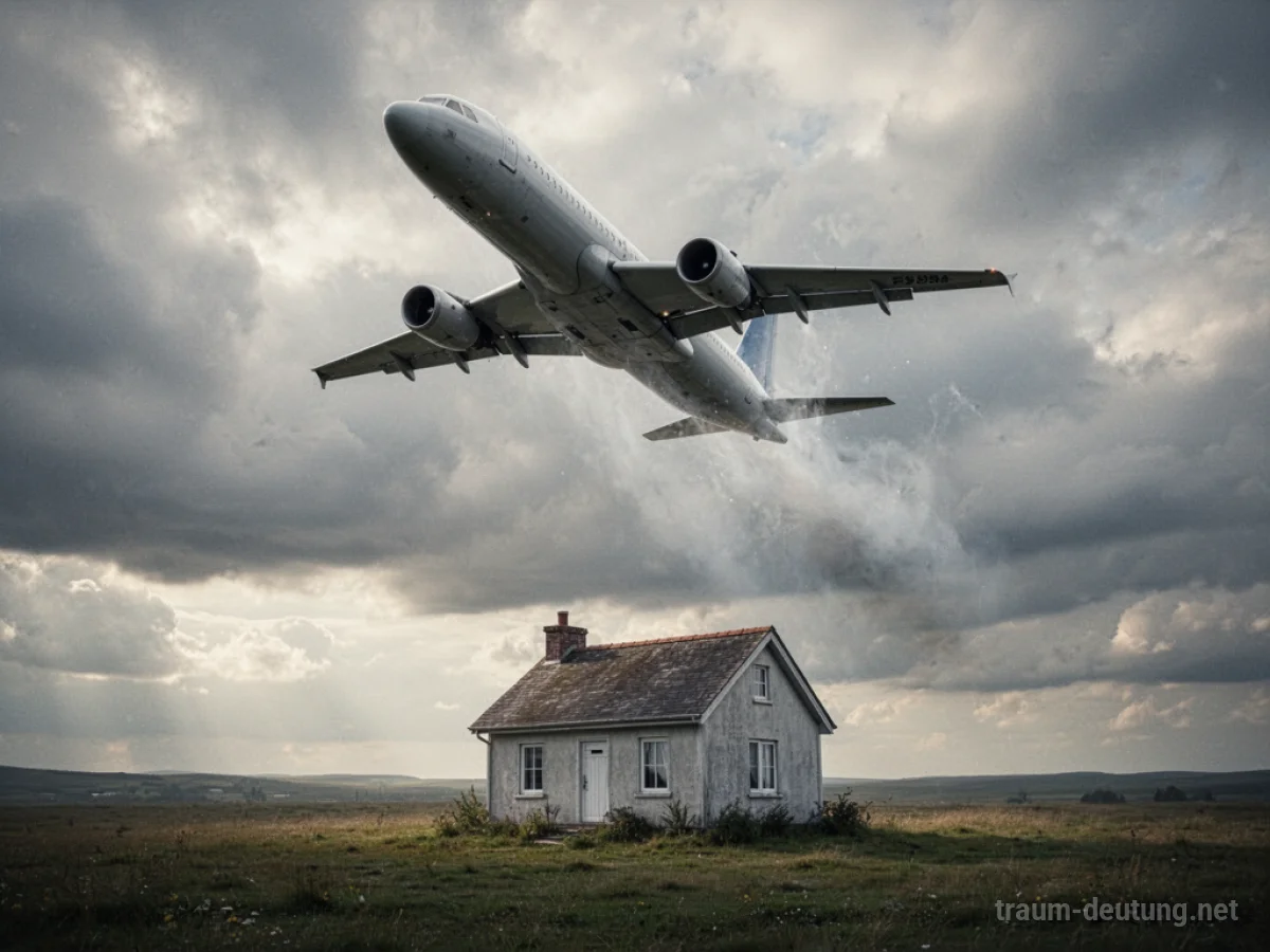 Flugzeug stürzt aus bewölktem Himmel auf ein Haus zu.