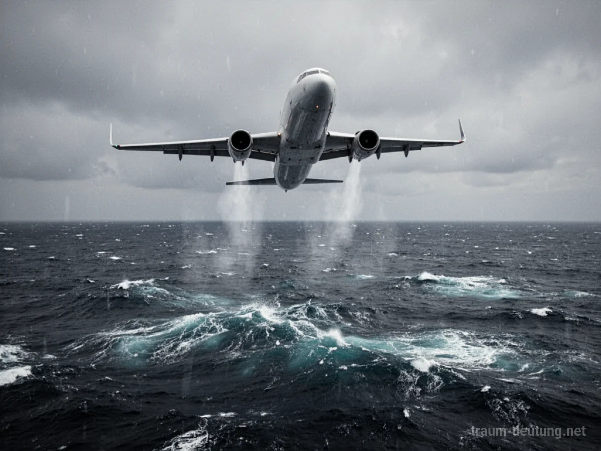 Ein Flugzeug stürzt ins offene Meer unter einem düsteren Himmel.