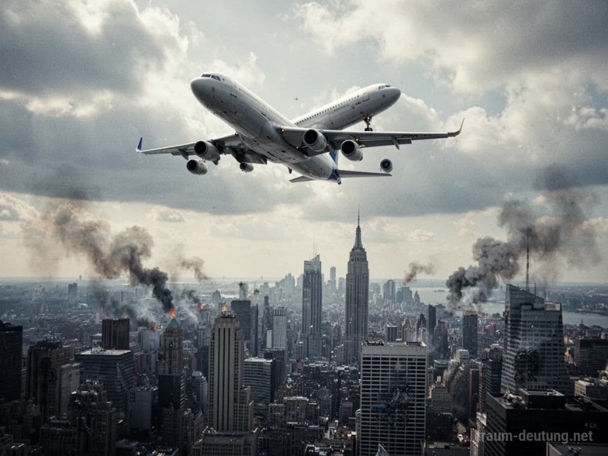 Flugzeug stürzt in eine Stadt unter bewölktem Himmel