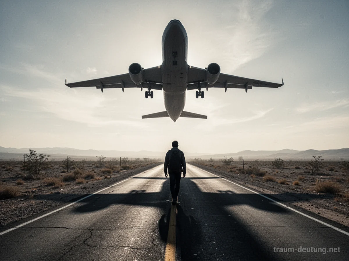 Silhouette eines Flugzeugs, das eine Person auf einer einsamen Straße verfolgt.