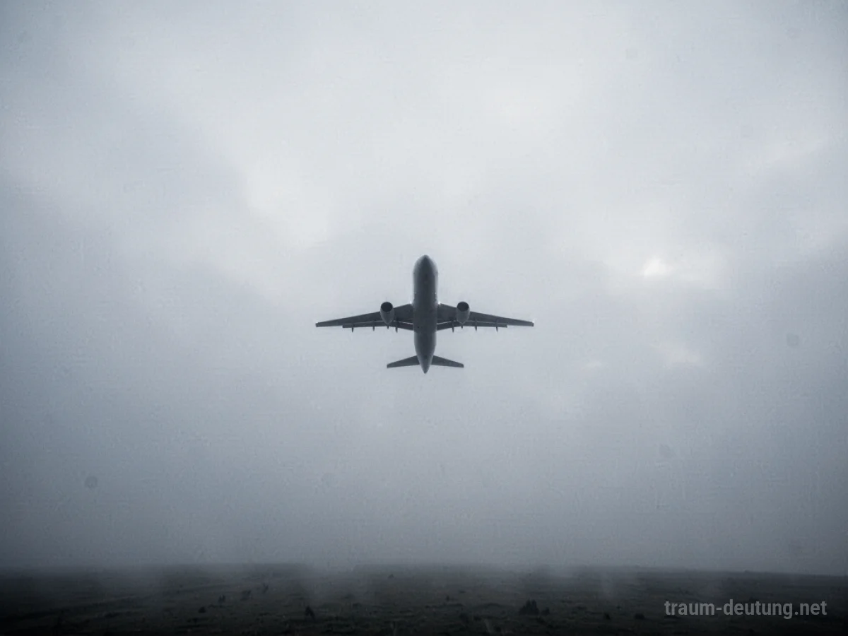 Flugzeug verschwindet in dichter Nebelwand am Himmel.