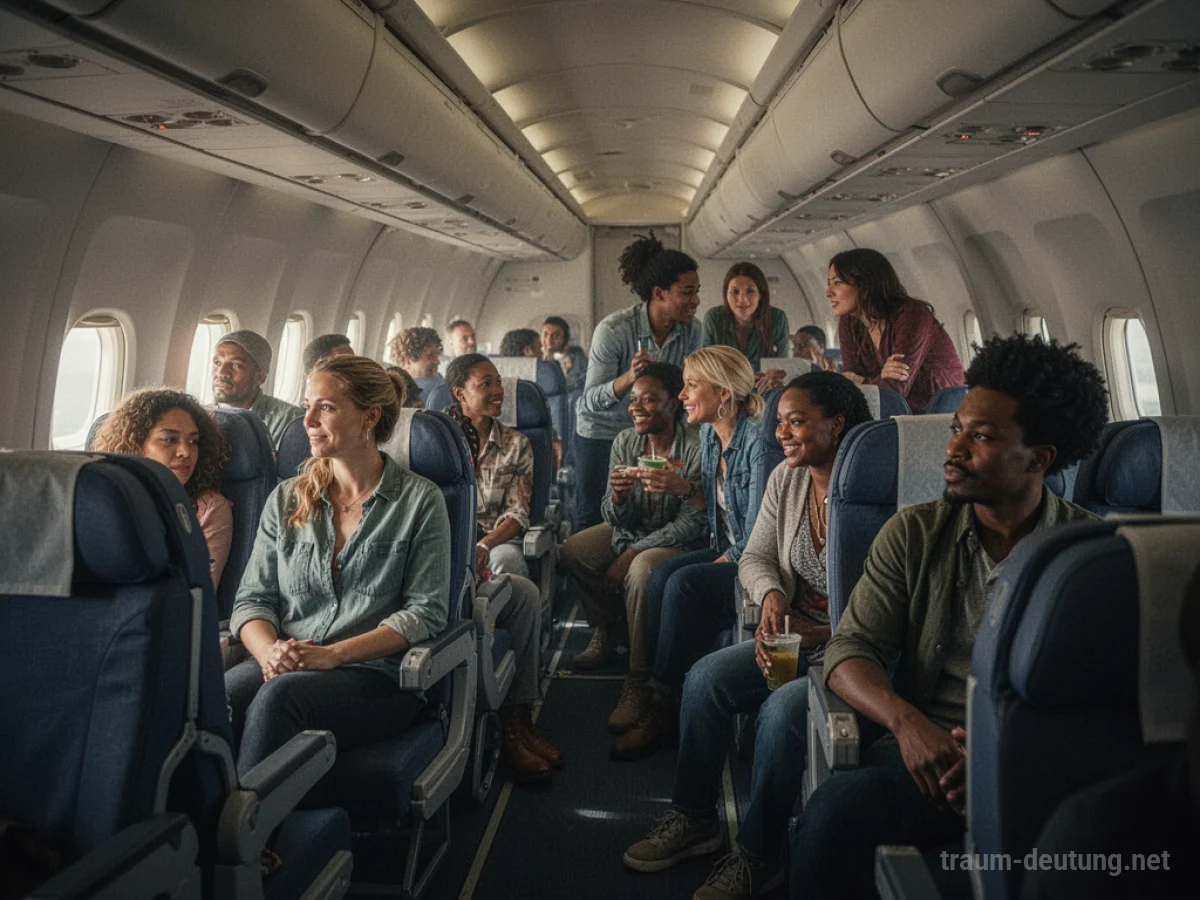 Flugzeugkabine voller Menschen, einige schauen aus dem Fenster.