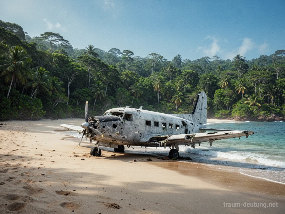 Beschädigtes Flugzeugwrack am Strand einer einsamen Insel