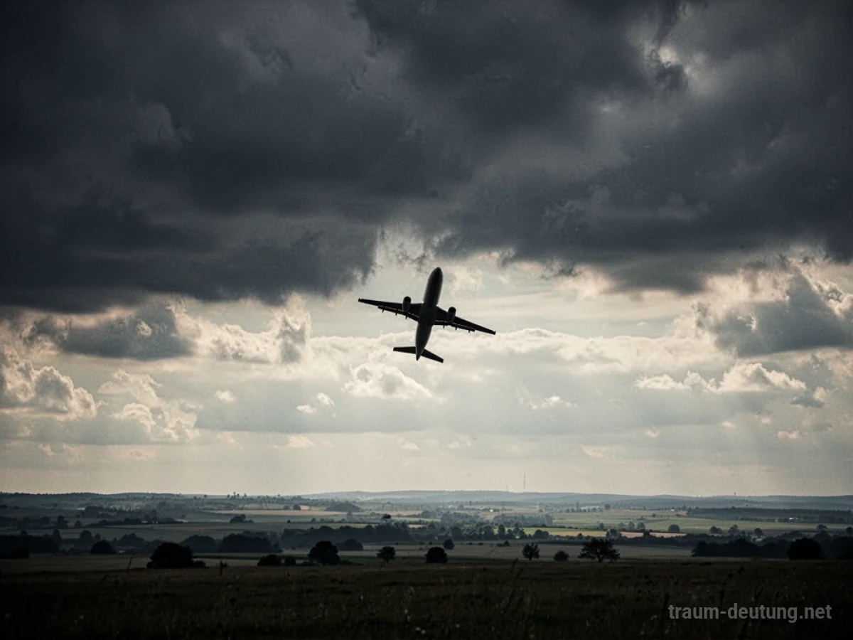 Silhouette eines Flugzeugs, das am Himmel abstürzt, mit dunklen Wolken.