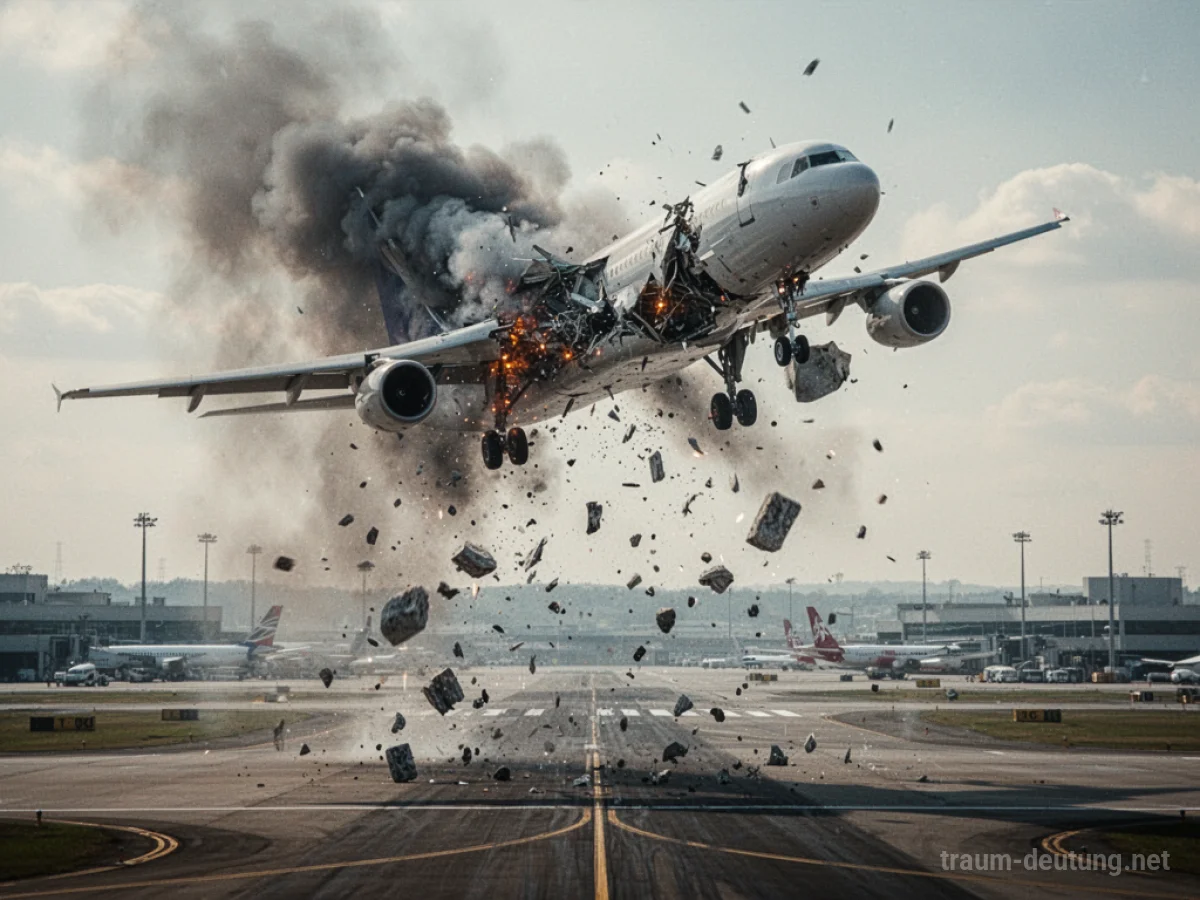 Flugzeuge stürzen am Flughafen ab, Trümmerteile fallen.