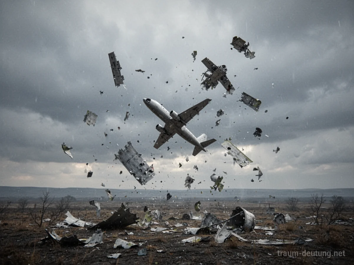 Flugzeugteile, die aus einem bewölkten Himmel fallen.