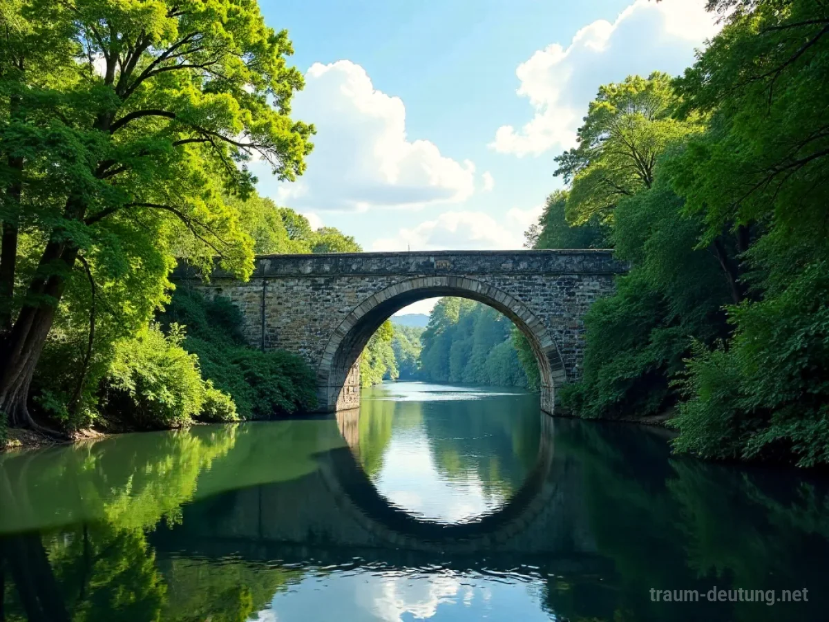 Fluss mit einer steinernen Brücke, die über das Wasser führt.