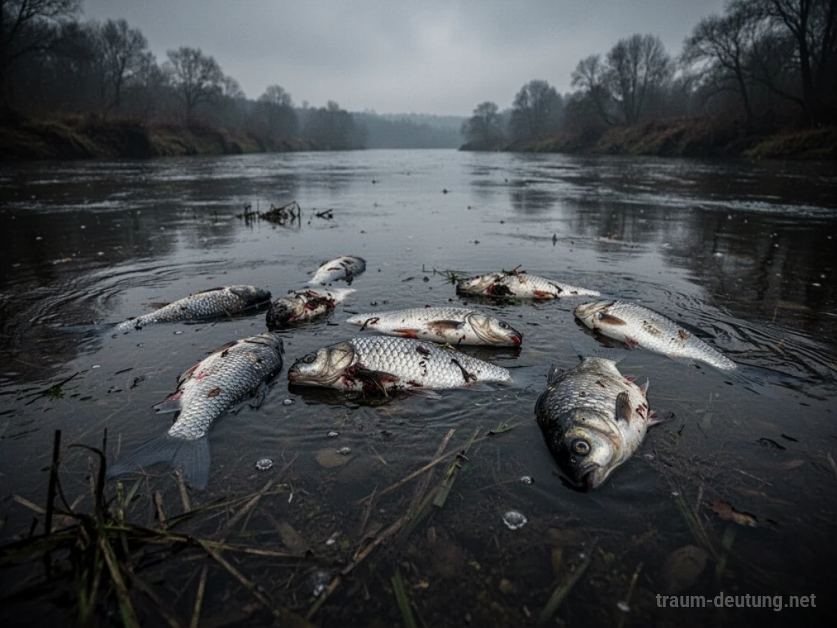 Ein trüber Fluss mit vielen toten Fischen an der Oberfläche unter einem grauen Himmel.