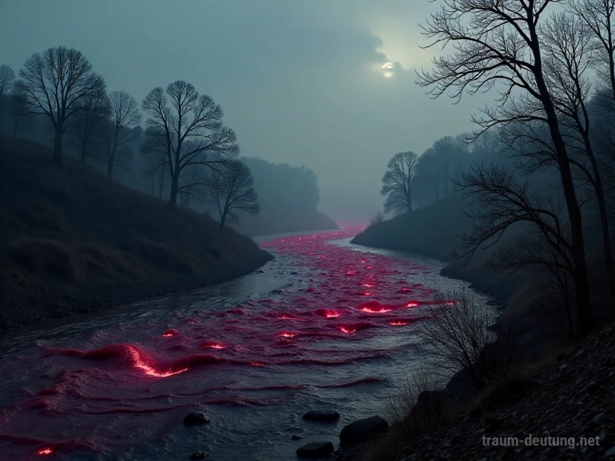 Ein roter Fluss fließt durch eine neblige, dunkle Landschaft mit kahlen Bäumen.