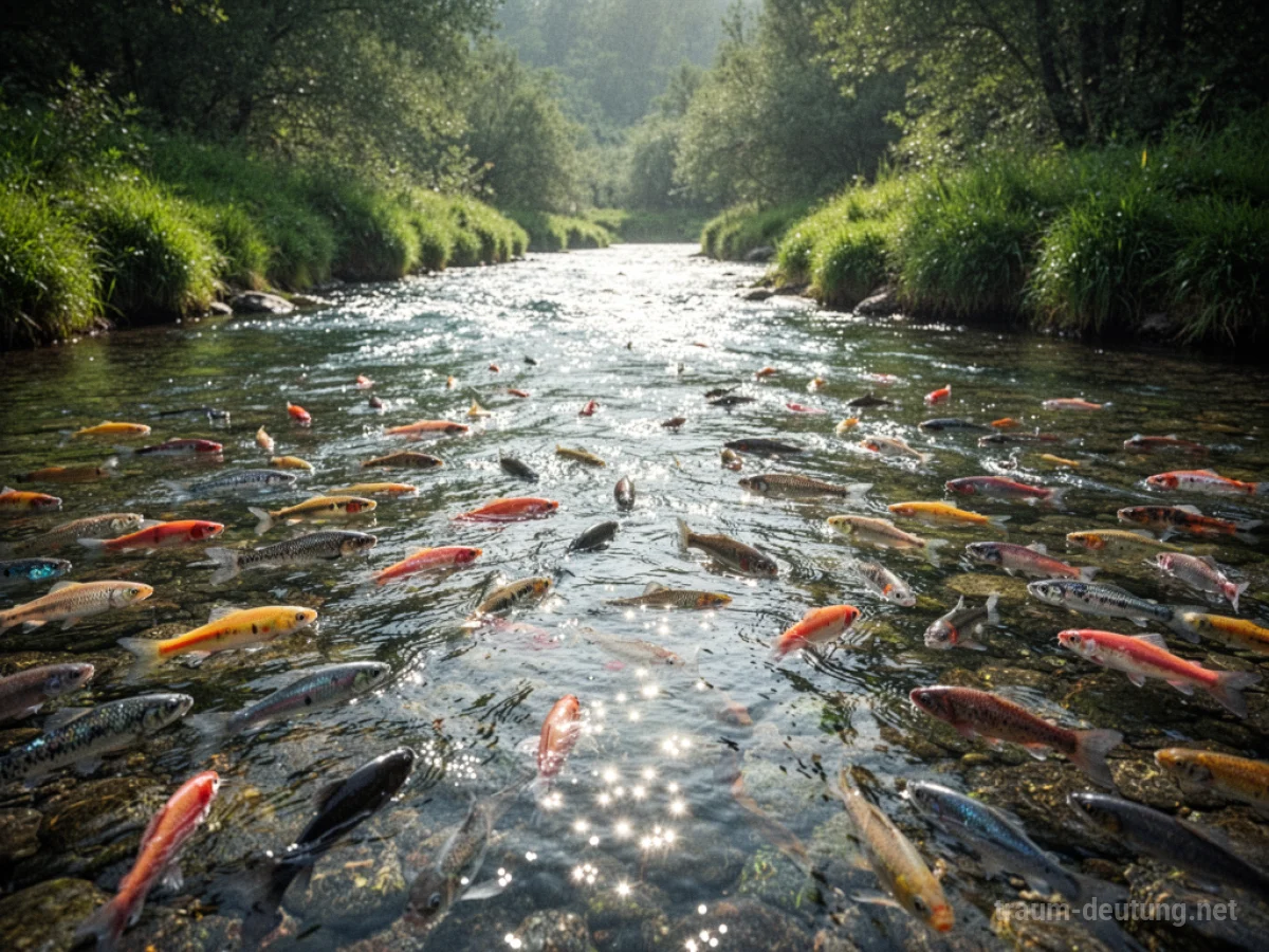 Fluss voller Fische im Traum, mit vielen bunten Fischen im klaren Wasser.