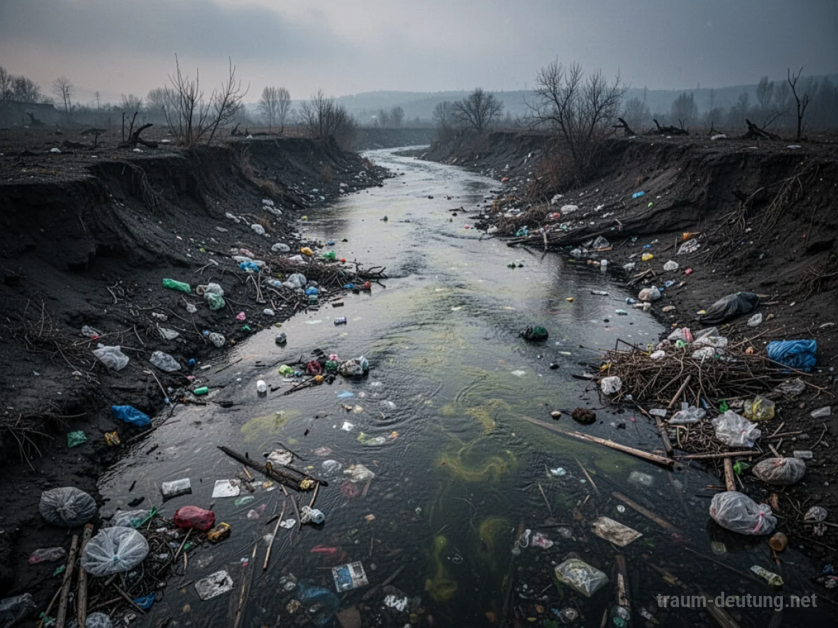 Verschmutzter Fluss mit Müll im Traum
