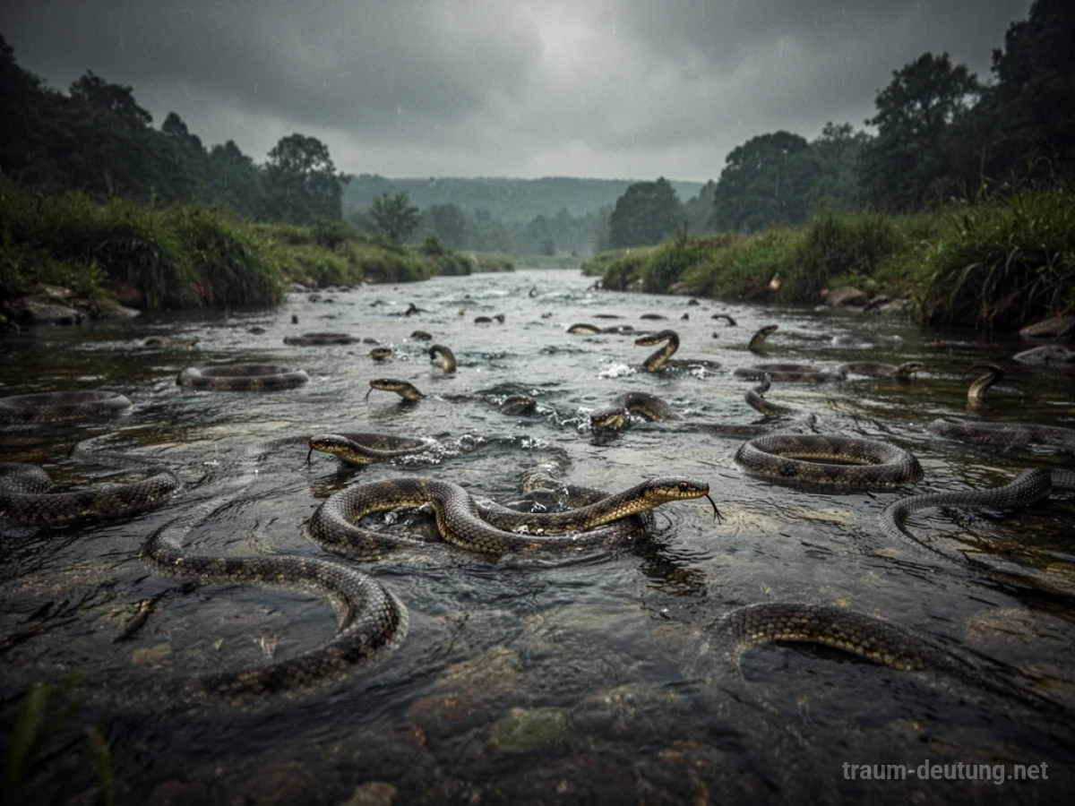 Fluss voller Schlangen unter einem trüben Himmel