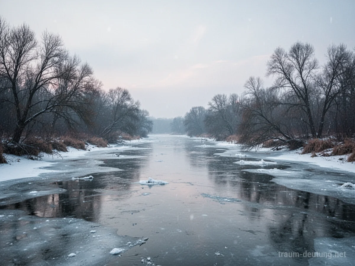 Ein zugefrorener Fluss unter einem blassen Himmel