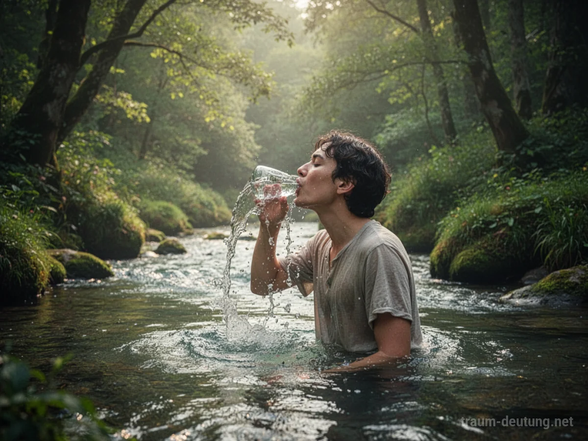 Person trinkt klares Wasser aus einem Fluss in einer grünen Landschaft.