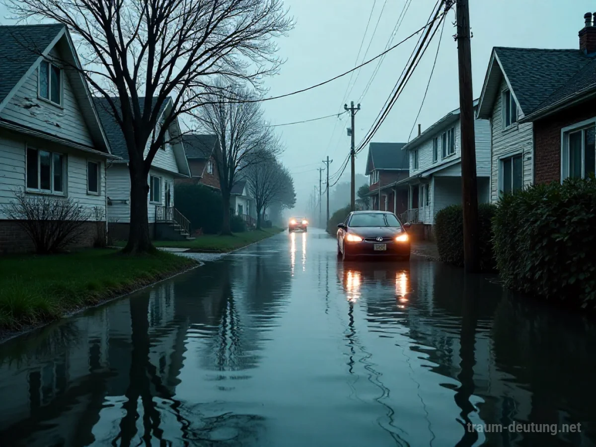 Überschwemmte Straße mit steigendem Wasser um Häuser und Autos.