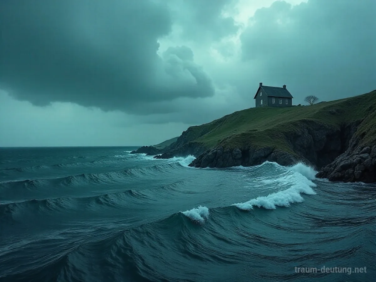 Eine steigende Flut nähert sich einem Haus auf einem Hügel unter dunklen Wolken.