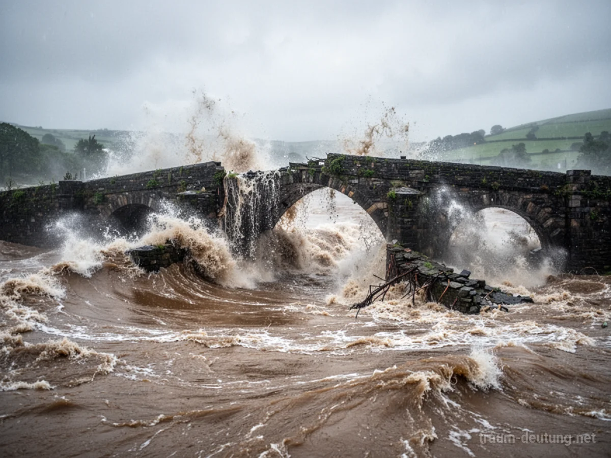 Flut bricht über eine Brücke, die Teile davon mitreißt