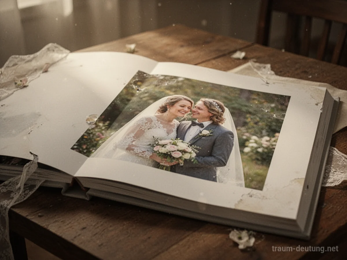 Ein aufgeschlagenes Hochzeitsalbum mit einem Foto des Brautpaares.