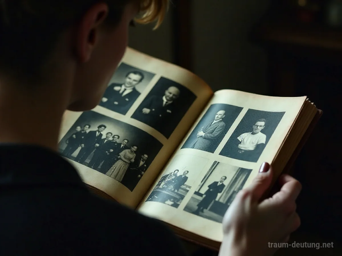 Eine Person betrachtet ein altes Fotoalbum, Seiten mit vergangenen Erinnerungen sind sichtbar.