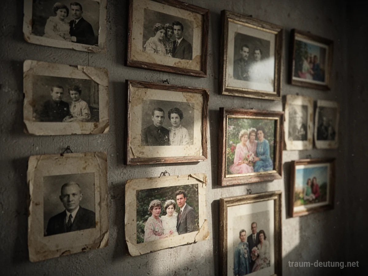 Wand mit vielen gerahmten Fotos, im Dämmerlicht betrachtet.