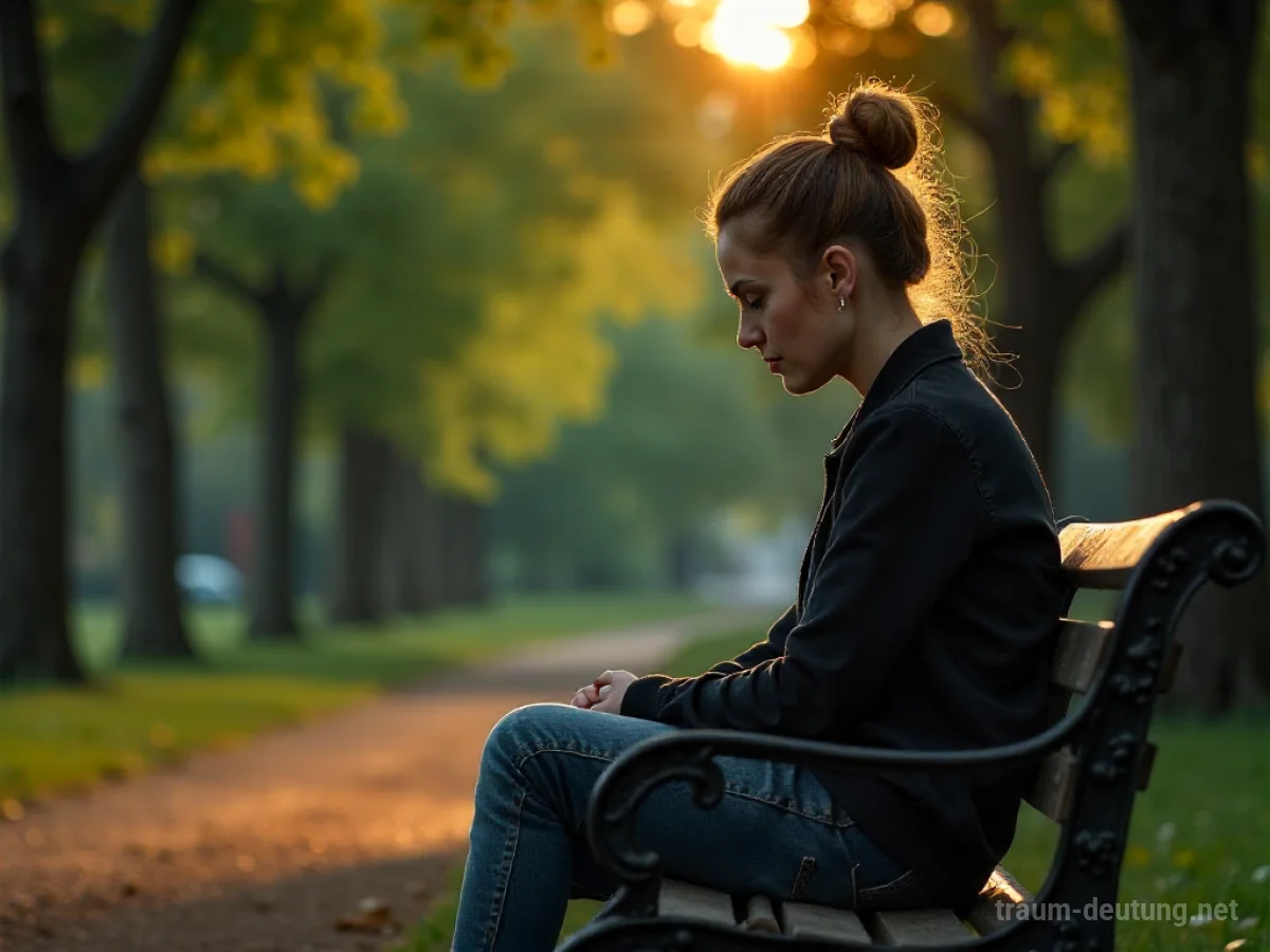 Eine Frau sitzt allein auf einer Parkbank und blickt traurig nach unten.