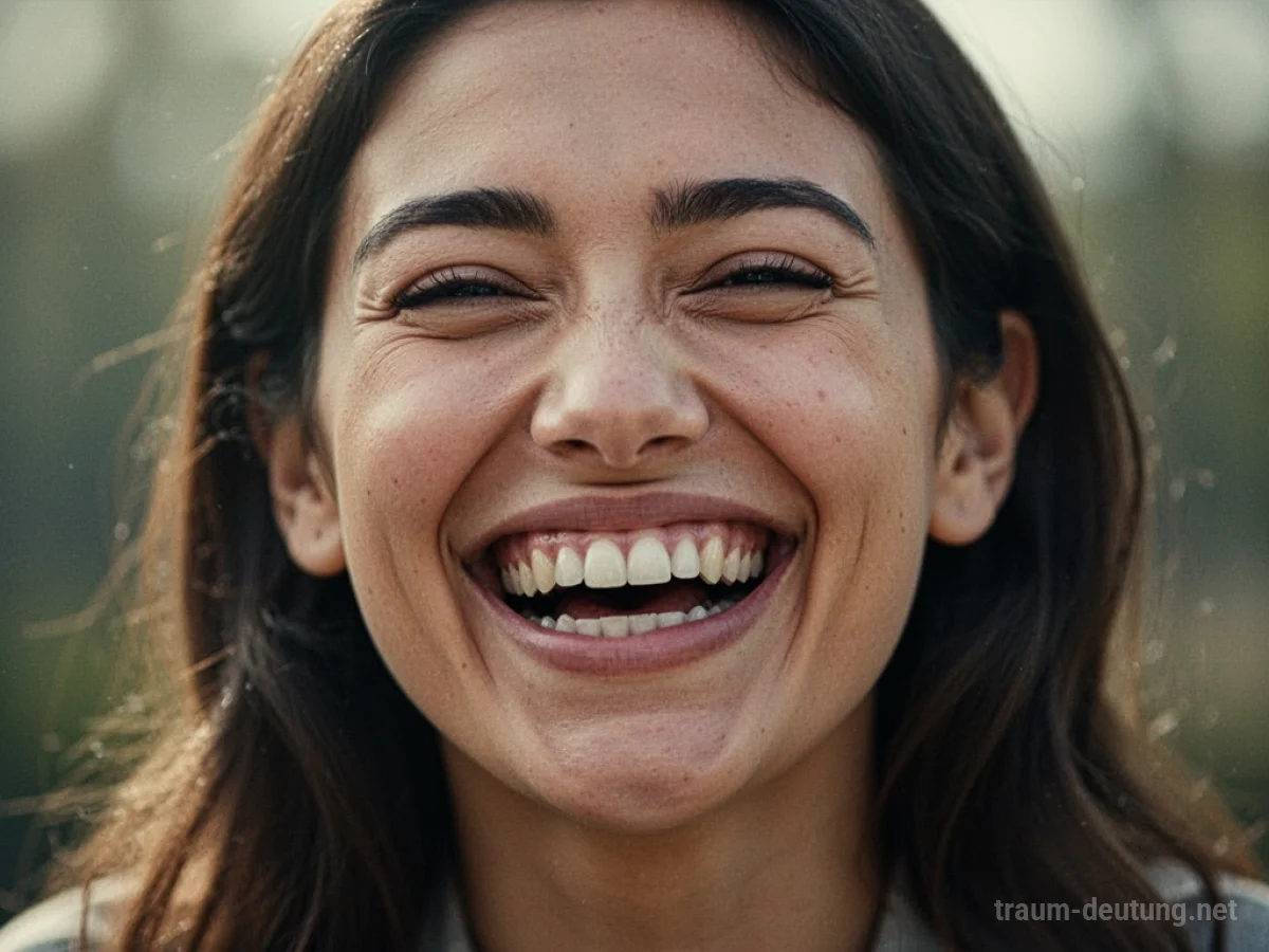 Eine Frau lacht herzlich, ihr Gesicht ist von Freude erhellt.