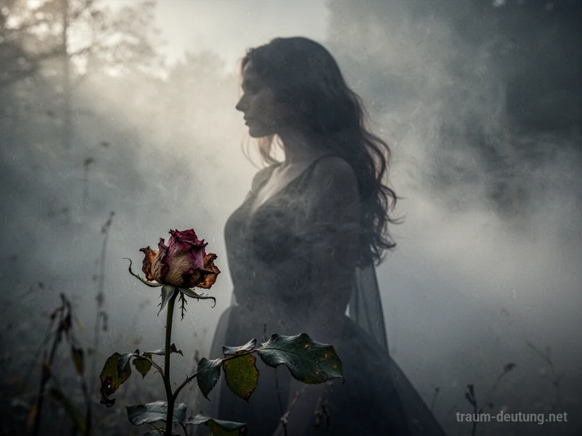 Schattenhafte Frau löst sich in Nebel auf, eine verwelkte Rose davor.