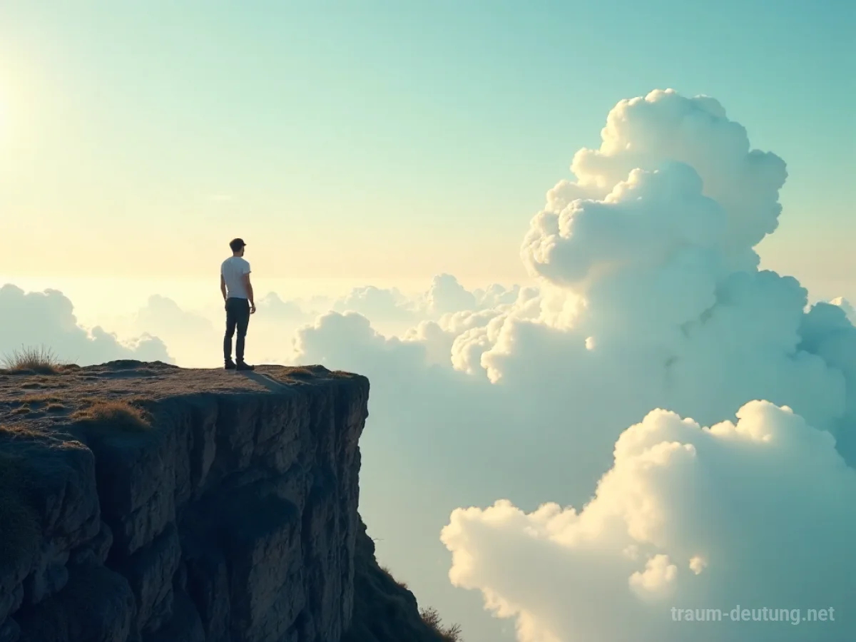 Silhouette einer Person auf einer Klippe blickt in den weiten Himmel.